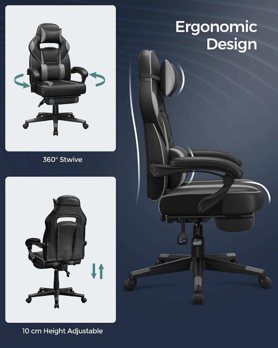 SONGMICS ergonomikus gamer szek magas hattamlaval, labtartoval, max. 150 kg, 50x70x126 cm, fekete es szurke - Image 7