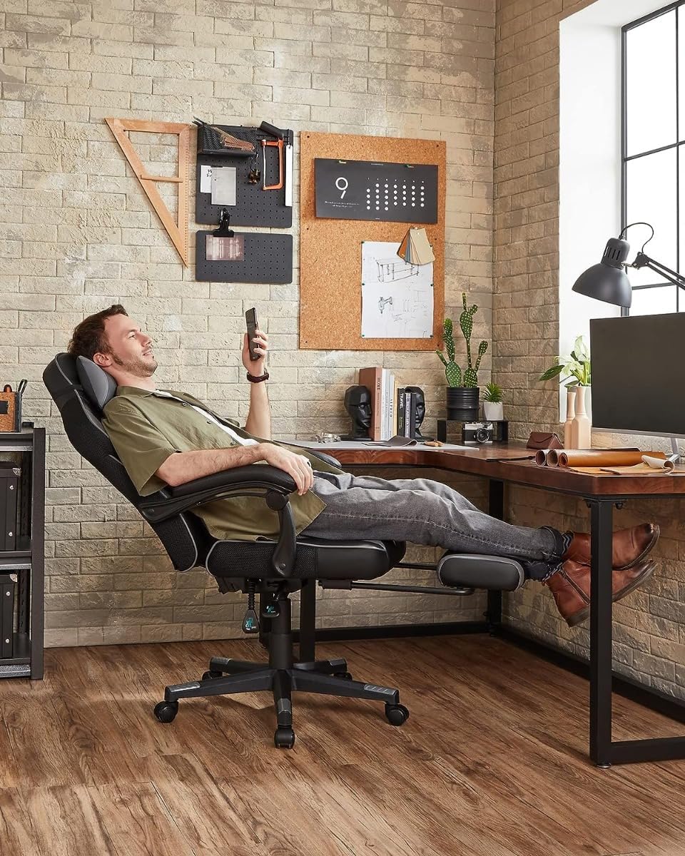 SONGMICS ergonomikus gamer szek magas hattamlaval, labtartoval, max. 150 kg, 50x70x126 cm, fekete es szurke - Image 8