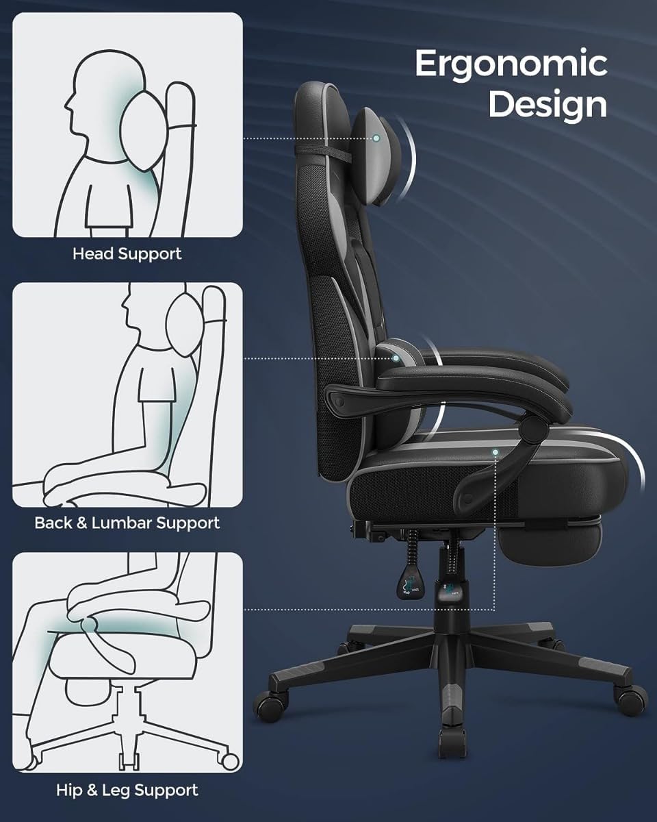 SONGMICS ergonomikus gamer szek magas hattamlaval, labtartoval, max. 150 kg, 50x70x126 cm, fekete es szurke - Image 9