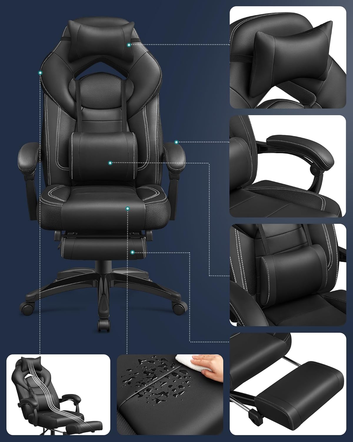 SONGMICS ergonomikus gamer szek labtartoval, allithato fejtamlaval es derektamasszal, max. 150 kg, 70x64x128 cm, fekete - Image 2