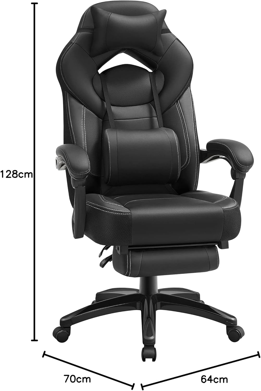 SONGMICS ergonomikus gamer szek labtartoval, allithato fejtamlaval es derektamasszal, max. 150 kg, 70x64x128 cm, fekete - Image 3