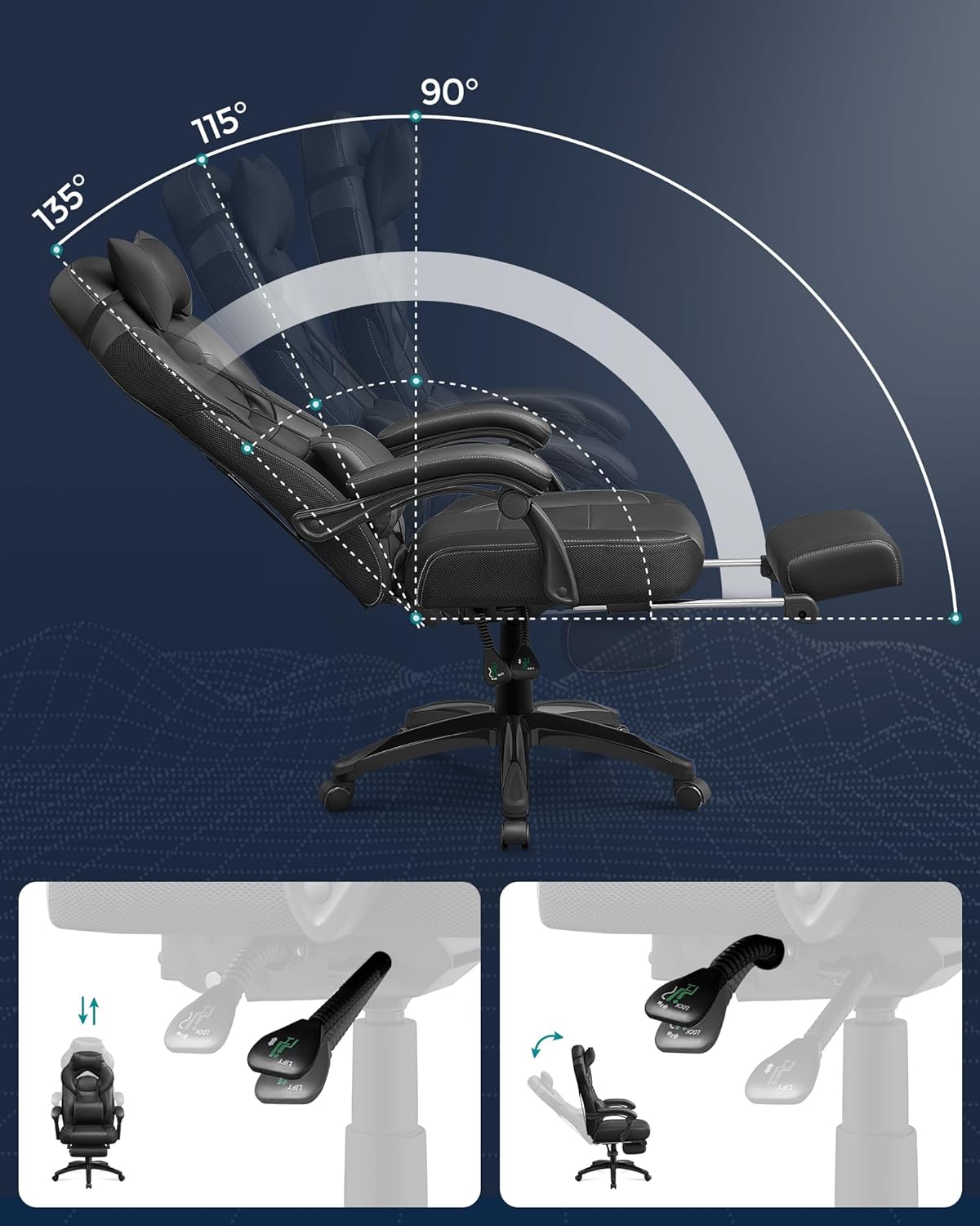 SONGMICS ergonomikus gamer szek labtartoval, allithato fejtamlaval es derektamasszal, max. 150 kg, 70x64x128 cm, fekete - Image 4
