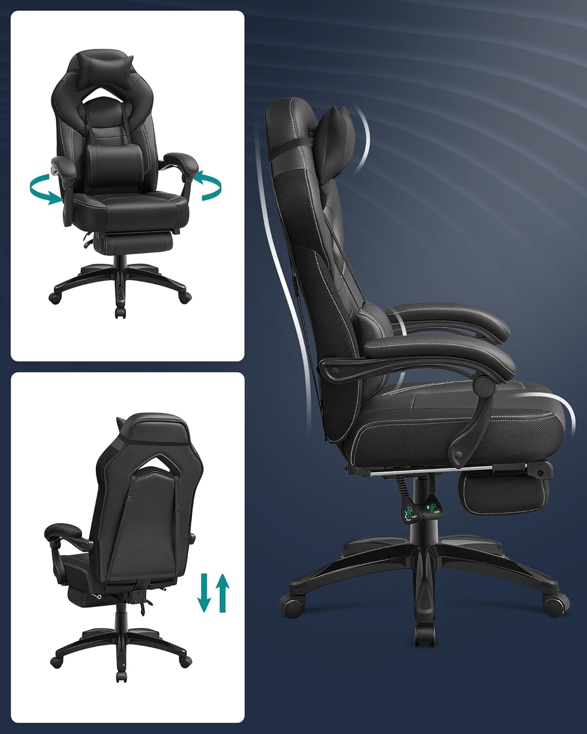 SONGMICS ergonomikus gamer szek labtartoval, allithato fejtamlaval es derektamasszal, max. 150 kg, 70x64x128 cm, fekete - Image 5