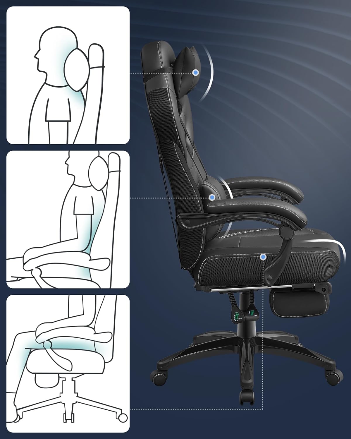 SONGMICS ergonomikus gamer szek labtartoval, allithato fejtamlaval es derektamasszal, max. 150 kg, 70x64x128 cm, fekete - Image 6
