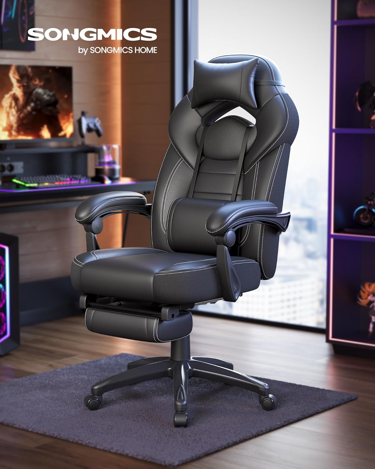 SONGMICS ergonomikus gamer szek labtartoval, allithato fejtamlaval es derektamasszal, max. 150 kg, 70x64x128 cm, fekete - Image 7