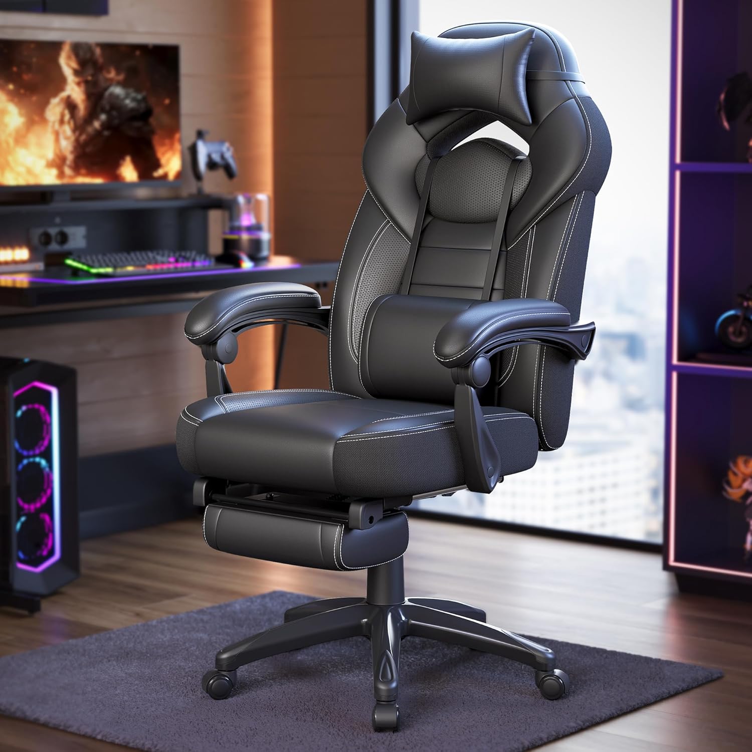 SONGMICS ergonomikus gamer szek labtartoval, allithato fejtamlaval es derektamasszal, max. 150 kg, 70x64x128 cm, fekete - Image 8