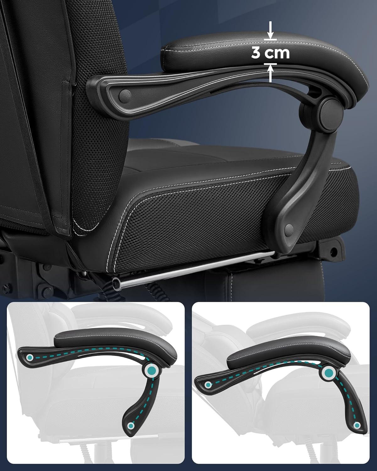SONGMICS ergonomikus gamer szek labtartoval, allithato fejtamlaval es derektamasszal, max. 150 kg, 70x64x128 cm, fekete - Image 9