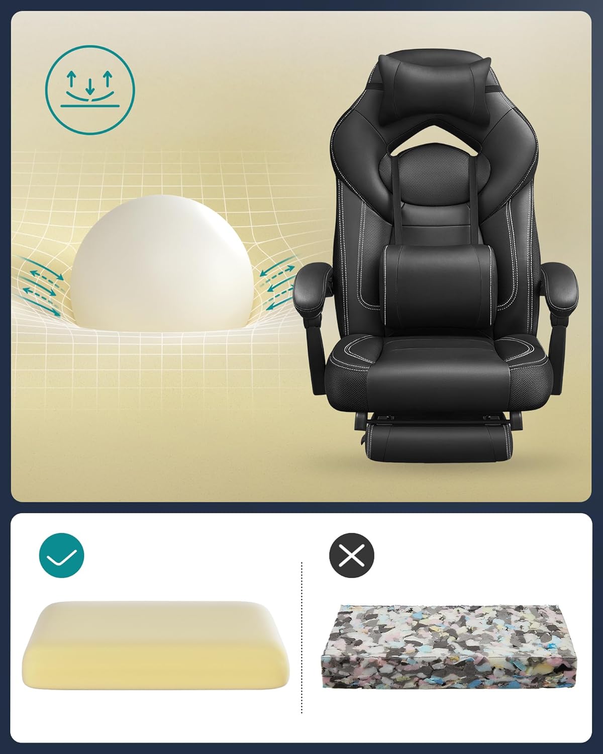 SONGMICS ergonomikus gamer szek labtartoval, allithato fejtamlaval es derektamasszal, max. 150 kg, 70x64x128 cm, fekete - Image 10