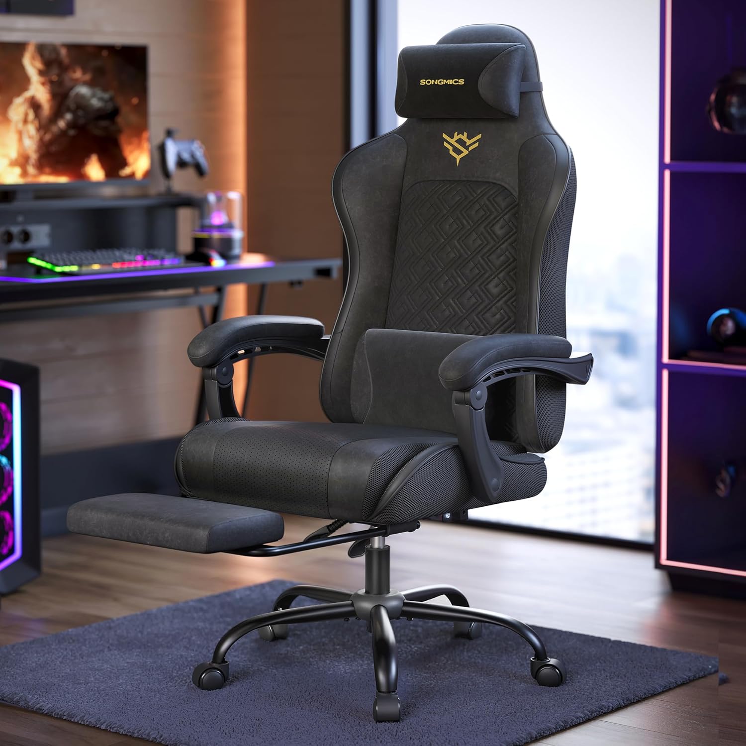 SONGMICS ergonomikus gamer szek kihuzhato labtartoval, 90-135°-ban allithato hattamlaval, derekparnaval es fejtamlaval, 70x70x133 cm, fekete - Image 2
