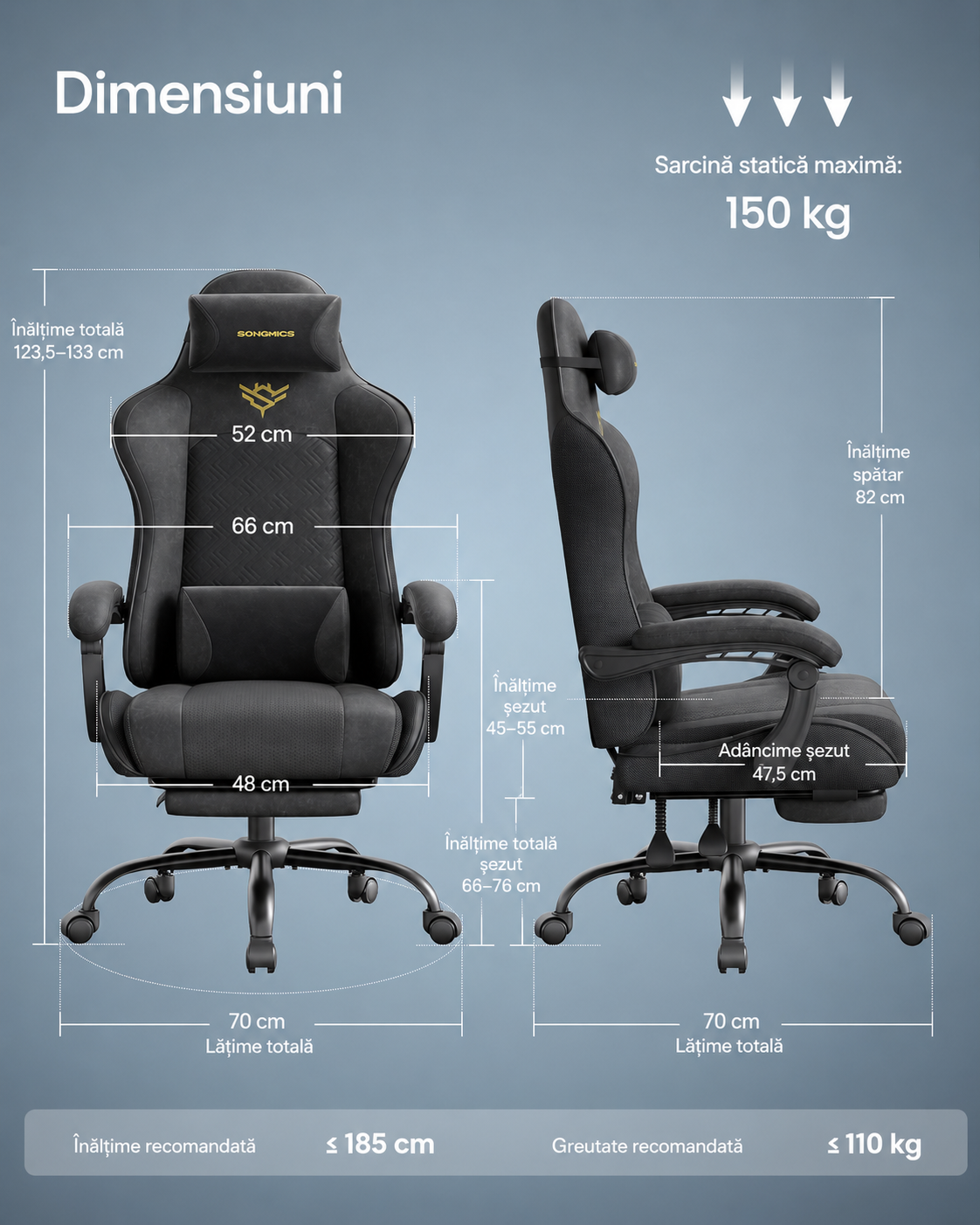 SONGMICS ergonomikus gamer szek kihuzhato labtartoval, 90-135°-ban allithato hattamlaval, derekparnaval es fejtamlaval, 70x70x133 cm, fekete - Image 3