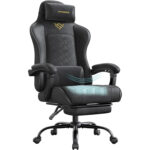 SONGMICS ergonomikus gamer szek kihuzhato labtartoval, 90-135°-ban allithato hattamlaval, derekparnaval es fejtamlaval, 70x70x133 cm, fekete
