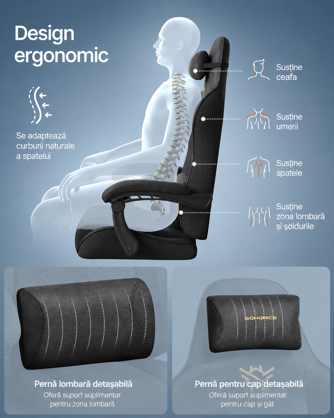 SONGMICS ergonomikus gamer szek kihuzhato labtartoval, 90-135°-ban allithato hattamlaval, derekparnaval es fejtamlaval, 70x70x133 cm, fekete - Image 4