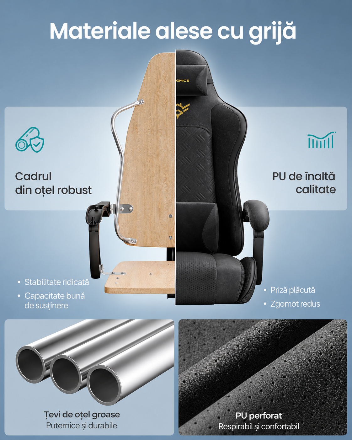 SONGMICS ergonomikus gamer szek kihuzhato labtartoval, 90-135°-ban allithato hattamlaval, derekparnaval es fejtamlaval, 70x70x133 cm, fekete - Image 6