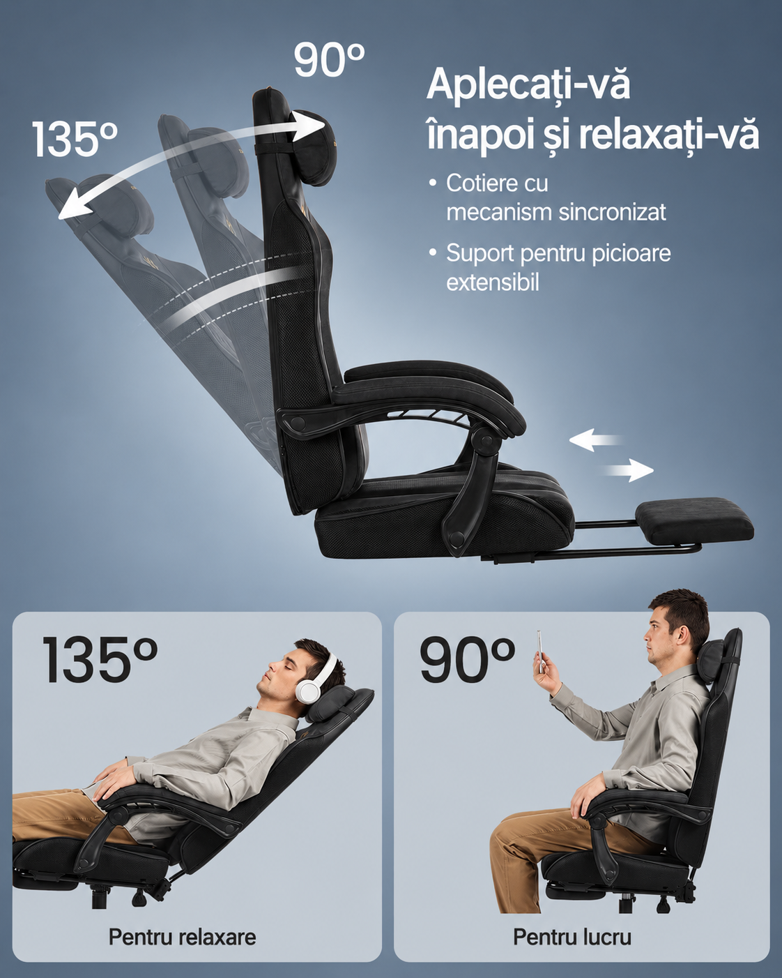 SONGMICS ergonomikus gamer szek kihuzhato labtartoval, 90-135°-ban allithato hattamlaval, derekparnaval es fejtamlaval, 70x70x133 cm, fekete - Image 7