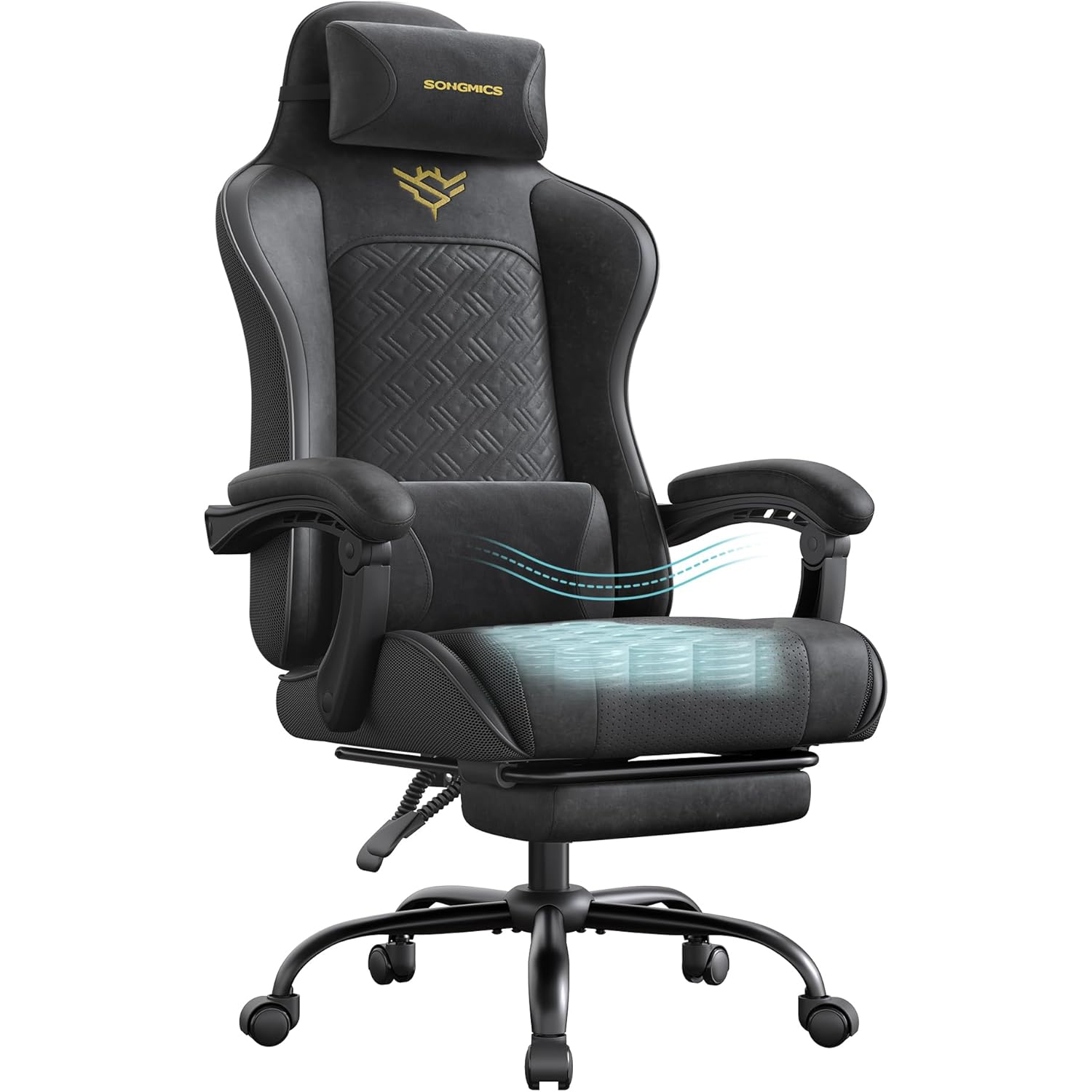 SONGMICS ergonomikus gamer szek kihuzhato labtartoval, 90-135°-ban allithato hattamlaval, derekparnaval es fejtamlaval, 70x70x133 cm, fekete