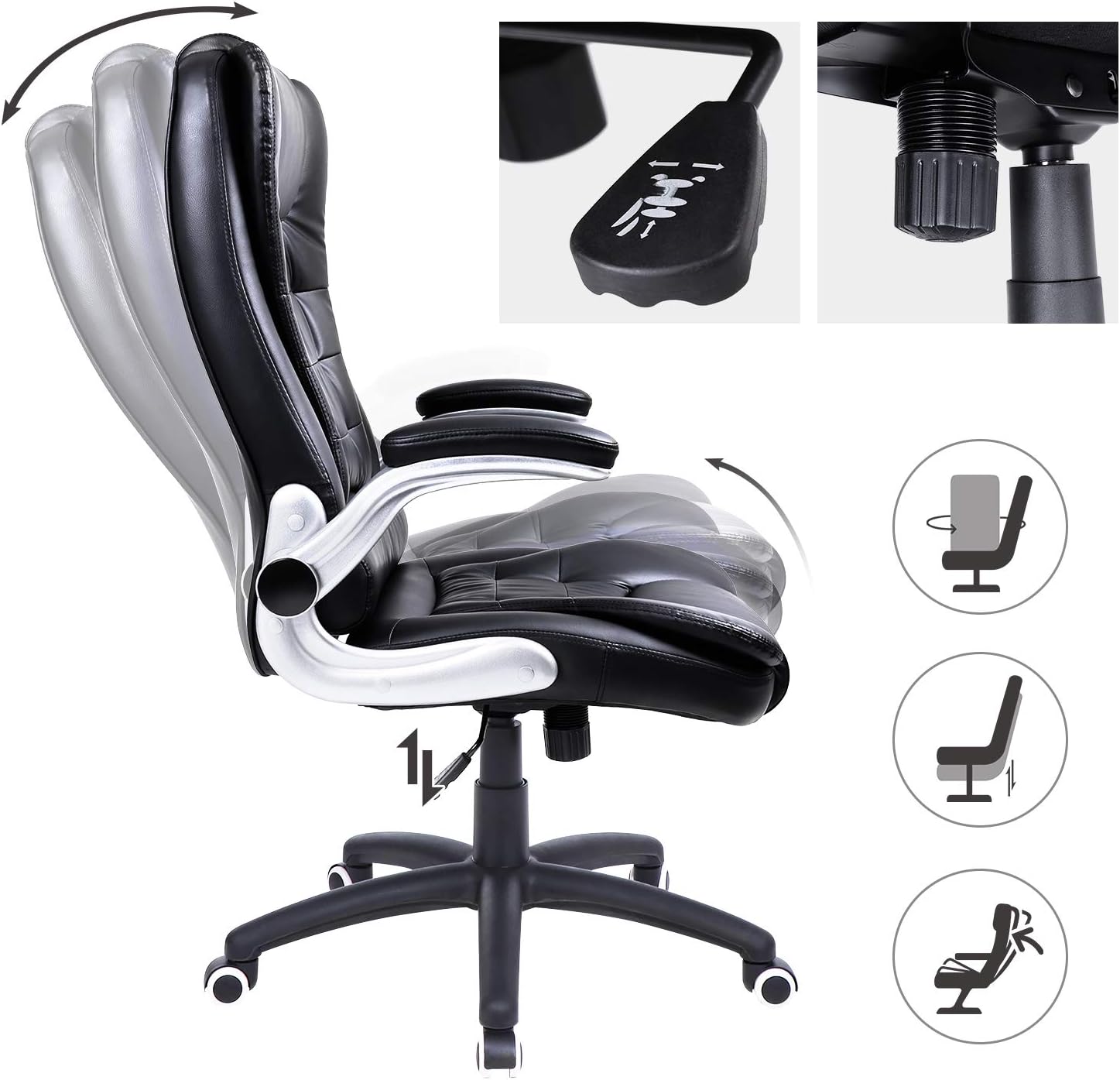 SONGMICS ergonomikus irodai szek fejtamlaval, magas hattamlaval es felhajthato karfakkal, max. 150 kg, 76x70x(111-121) cm, fekete - Image 2