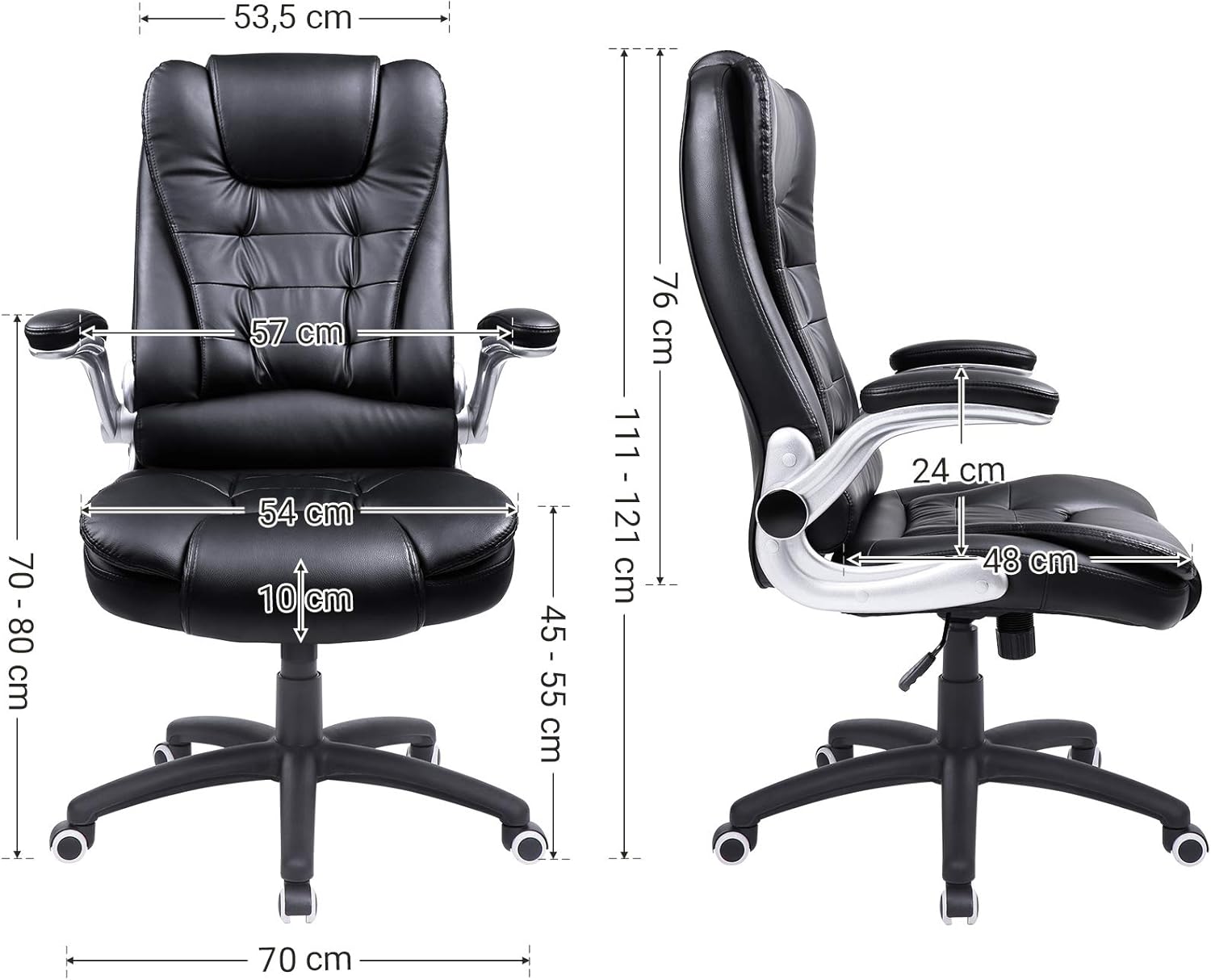 SONGMICS ergonomikus irodai szek fejtamlaval, magas hattamlaval es felhajthato karfakkal, max. 150 kg, 76x70x(111-121) cm, fekete - Image 6