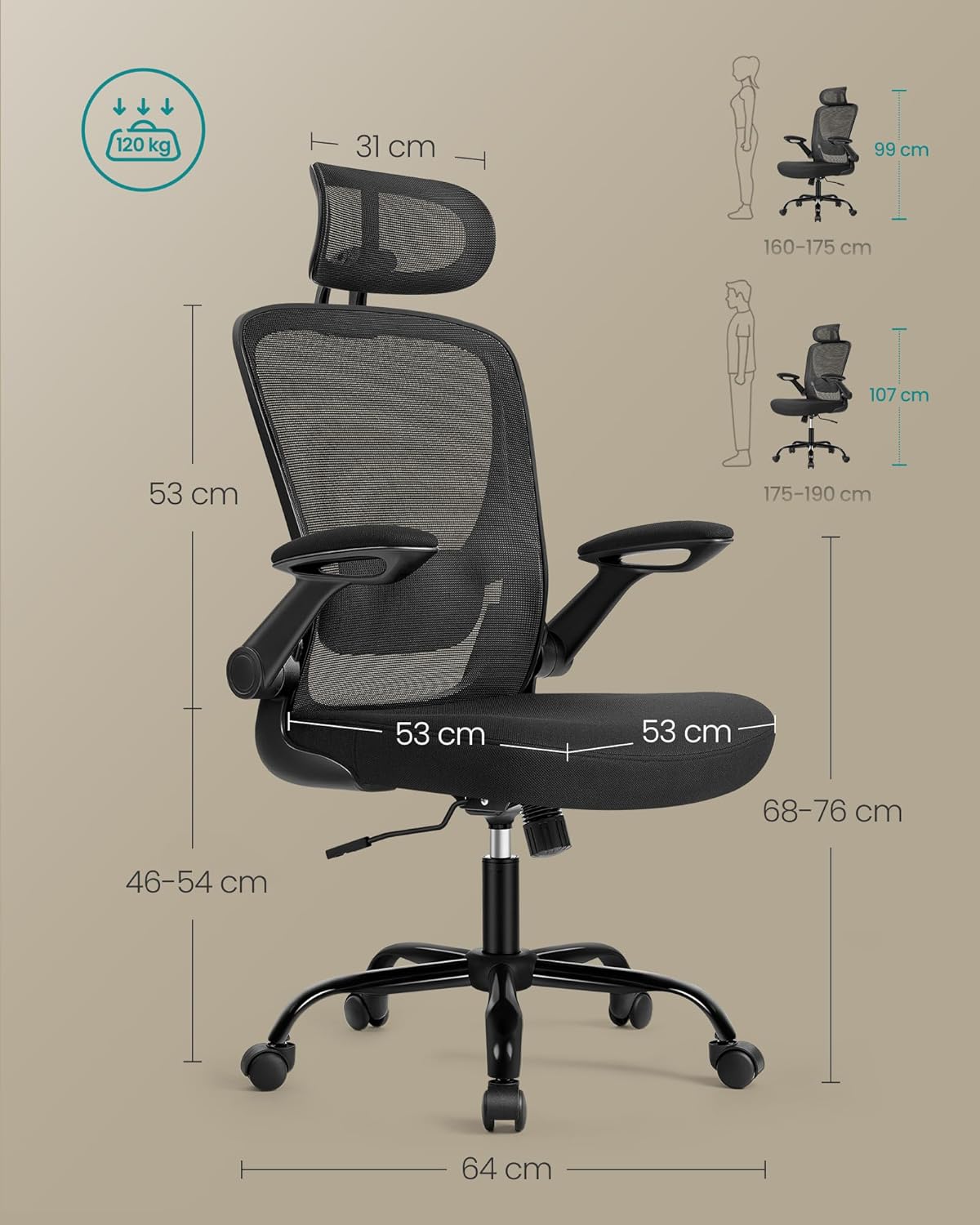 SONGMICS Ergonomikus irodai szék fejtámlával, állítható deréktámasszal és felhajtható karfákkal, 64 x 64 x 130 cm, fekete - Image 3
