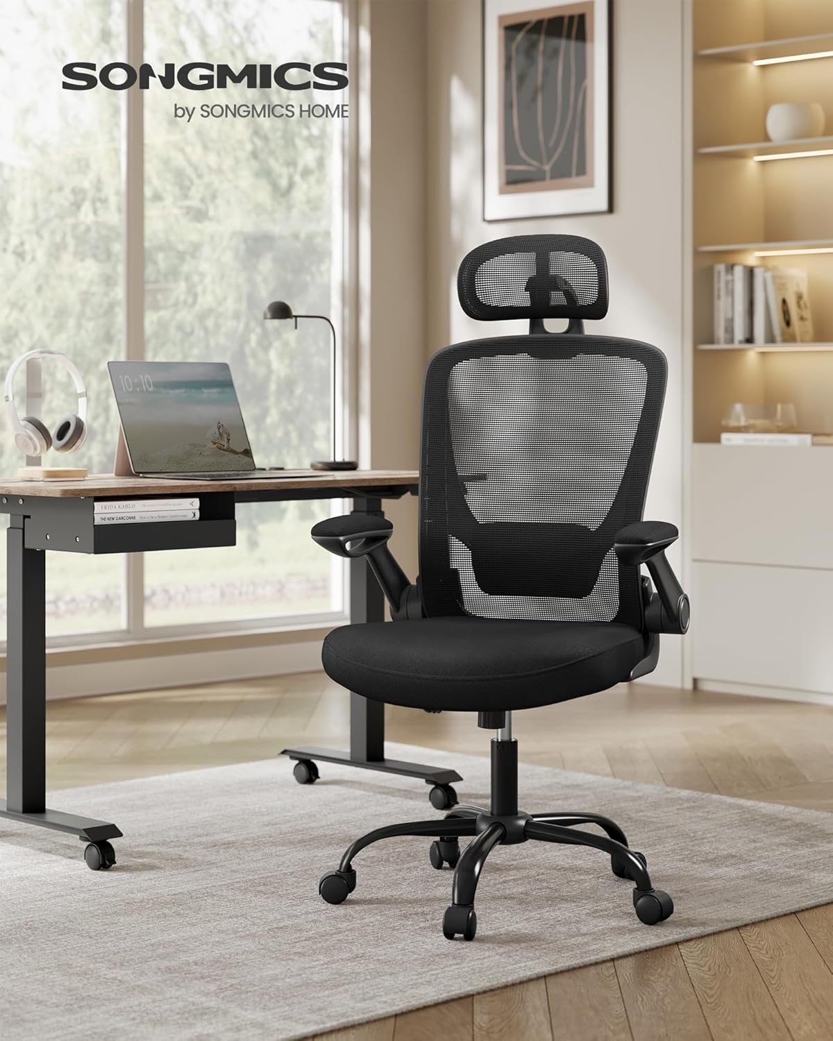 SONGMICS Ergonomikus irodai szék fejtámlával, állítható deréktámasszal és felhajtható karfákkal, 64 x 64 x 130 cm, fekete - Image 6