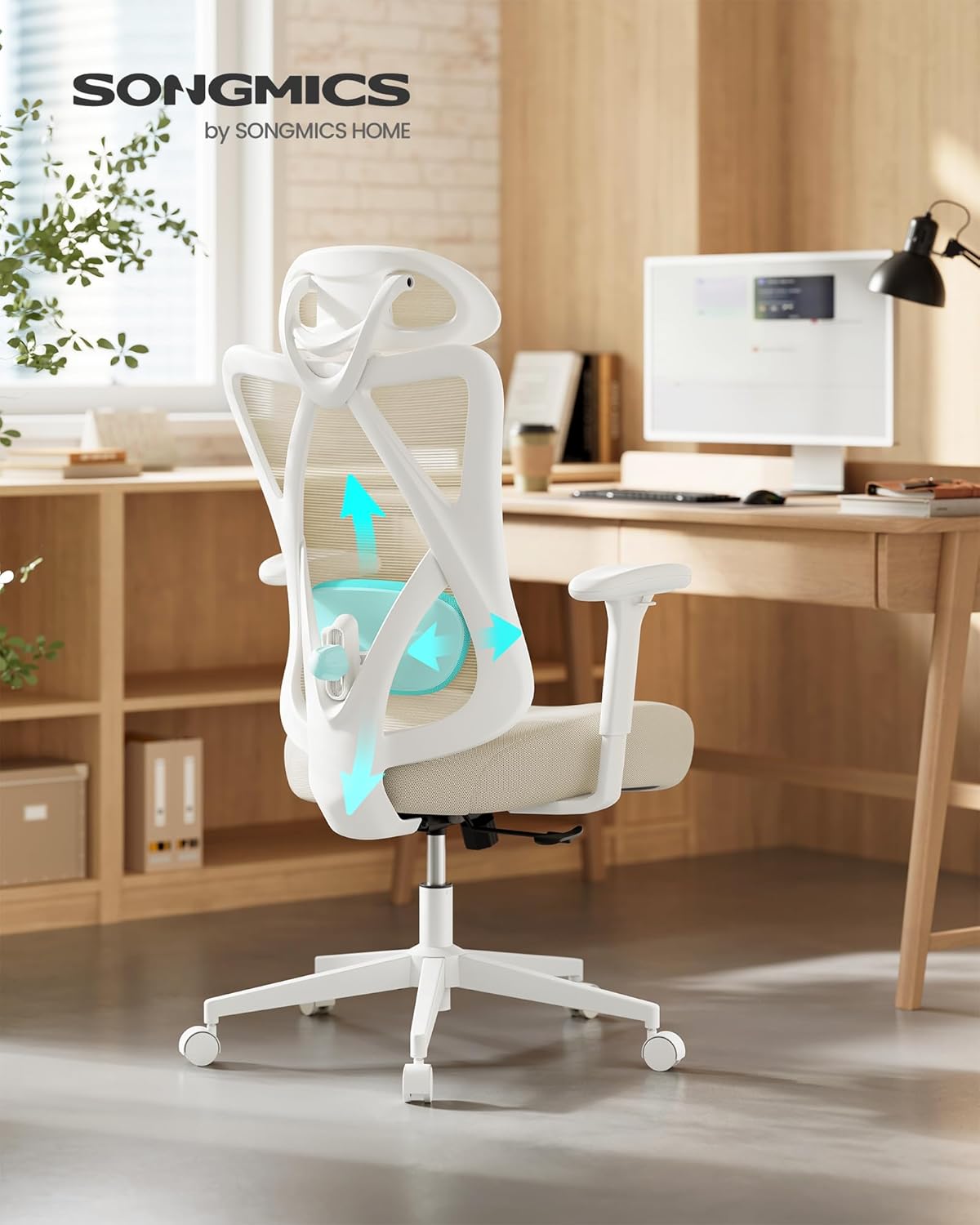 SONGMICS ergonomikus irodai szek allithato derektamasszal es fejtamlaval, 70x70x125 cm, cappuccino bezs - Image 2