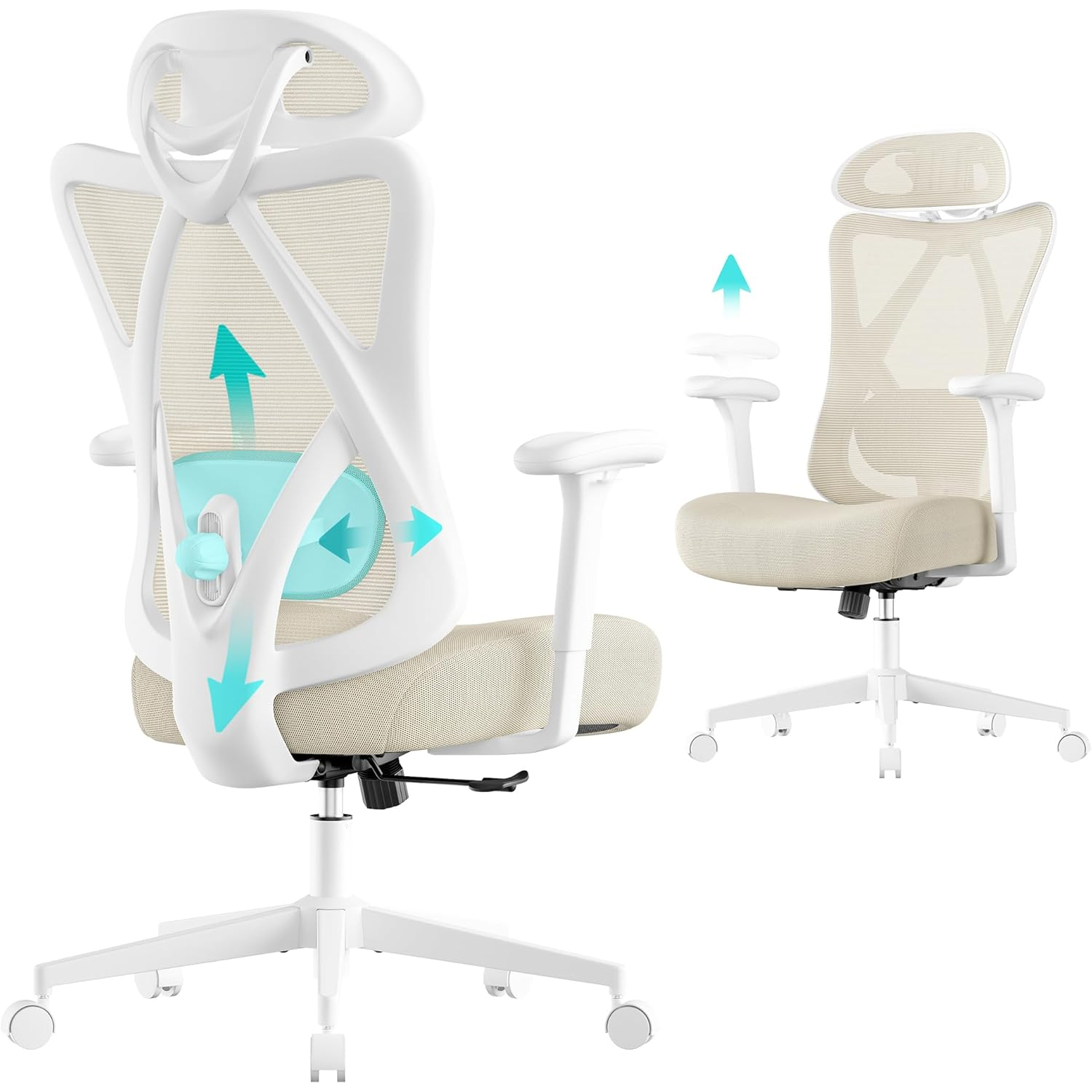 SONGMICS ergonomikus irodai szek allithato derektamasszal es fejtamlaval, 70x70x125 cm, cappuccino bezs - Image 4