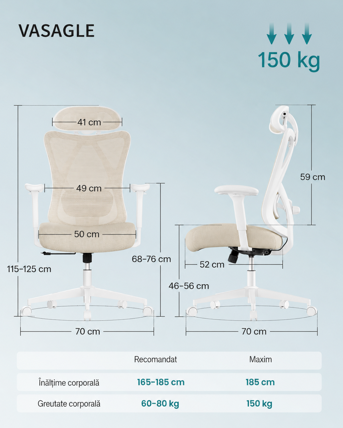 SONGMICS ergonomikus irodai szek allithato derektamasszal es fejtamlaval, 70x70x125 cm, cappuccino bezs - Image 5