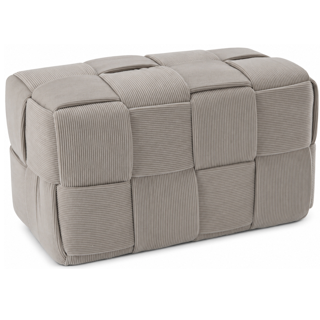 Teglalap alaku taburet bordazott szovet karpittal, fonott dizajnnal, 60x32x32 cm, vilagosszurke