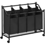 SONGMICS gurulós szennyeskosár 4 kivehető, fogantyús zsákkal, 180 liter, fémvázzal, 105x39x81 cm, fekete