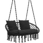 2 személyes függő hintaszék otthonra vagy kertbe, párnákkal, bohó stílusban, 128x66x124 cm, 300 kg teherbírással, fekete