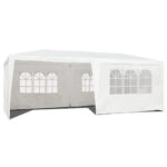 Kerti pavilon 300x600 cm, 6 levehető oldalfallal, ablakokkal és ajtóval, fémvázzal, vízálló PE ponyvával, fehér