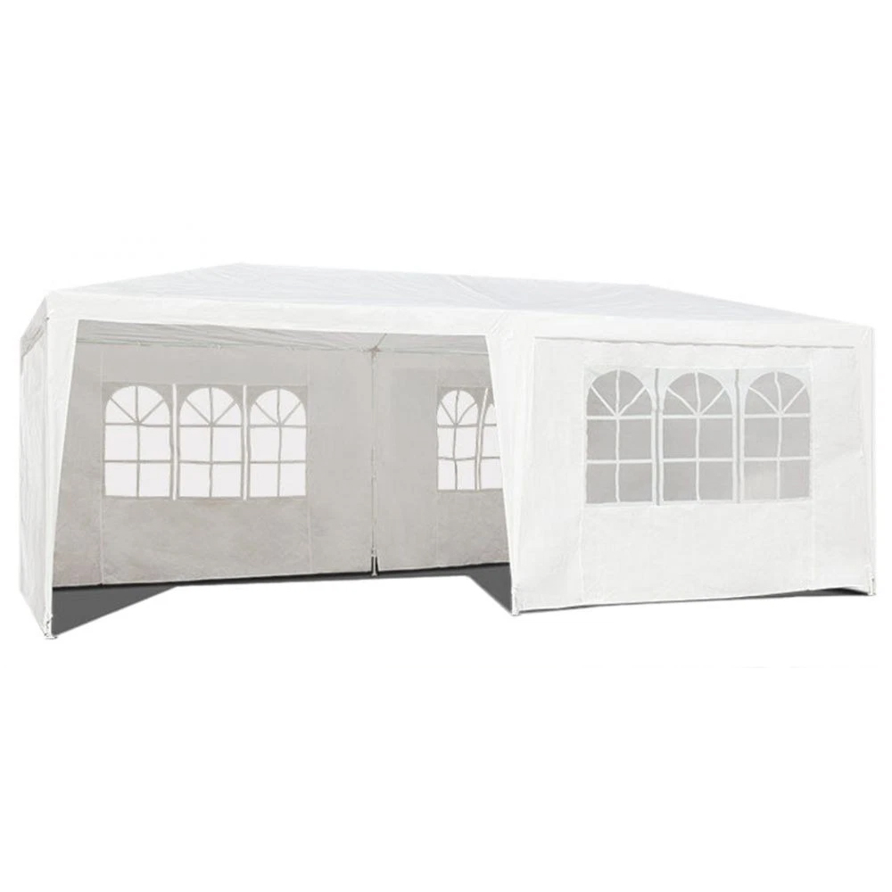 Kerti pavilon 300x600 cm, 6 levehető oldalfallal, ablakokkal és ajtóval, fémvázzal, vízálló PE ponyvával, fehér