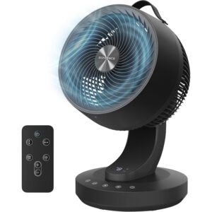 SONGMICS csendes asztali ventilator taviranyitoval, 70°-os oszcillacioval, 8 sebessegfokozattal es LED kijelzovel, 25x26x38 cm, fekete