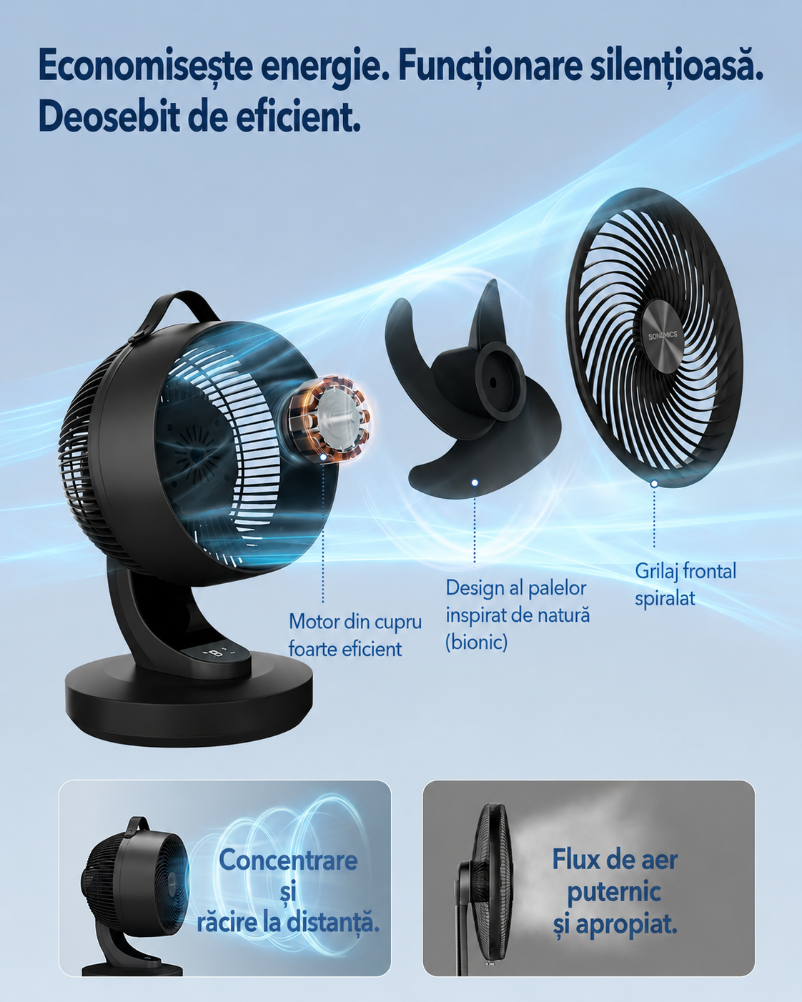 SONGMICS csendes asztali ventilator taviranyitoval, 70°-os oszcillacioval, 8 sebessegfokozattal es LED kijelzovel, 25x26x38 cm, fekete - Image 2
