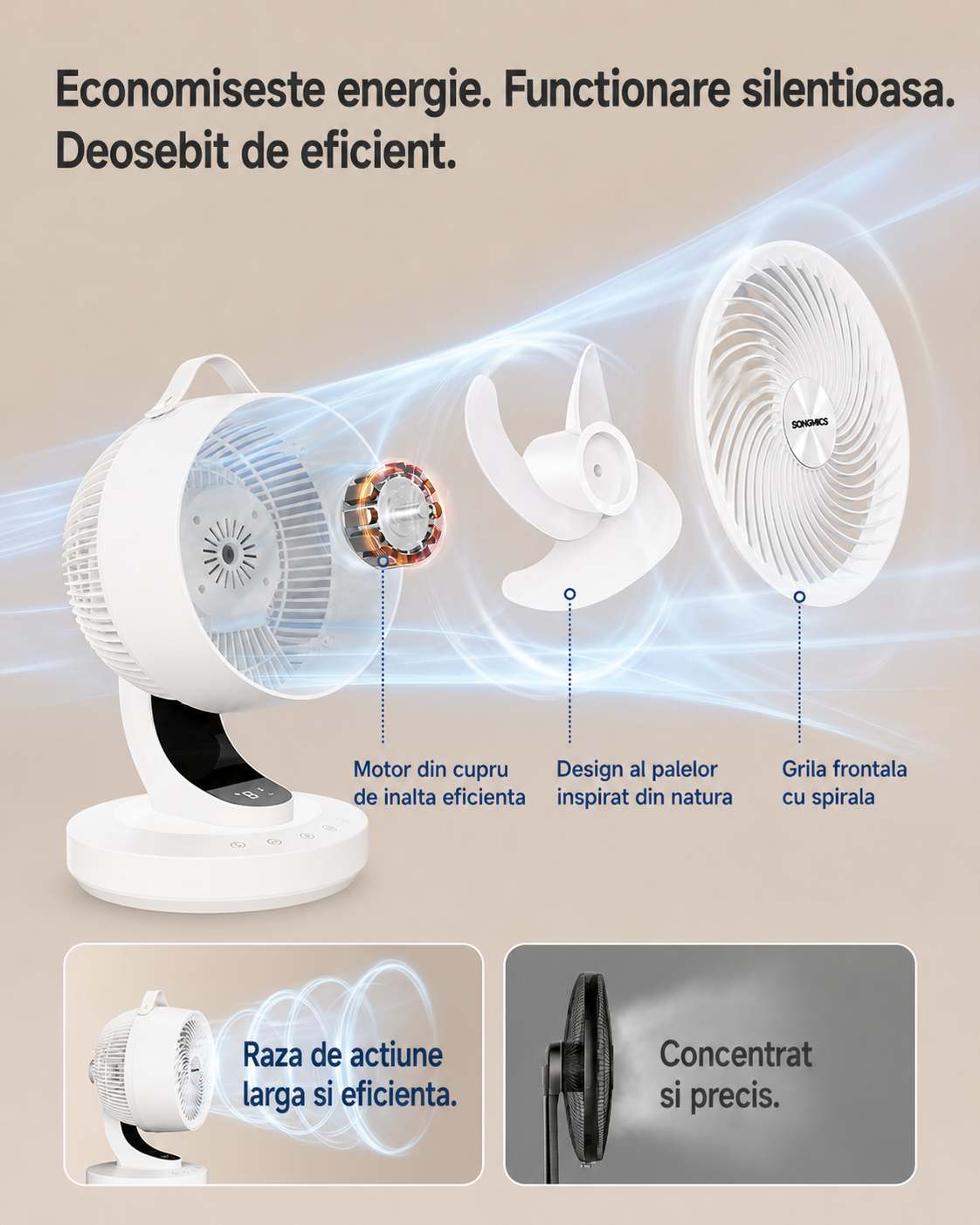 SONGMICS csendes asztali ventilator taviranyitoval, 70°-os oszcillacioval, 8 sebessegfokozattal es LED kijelzovel, 25x26x38 cm, fehervvv - Image 5