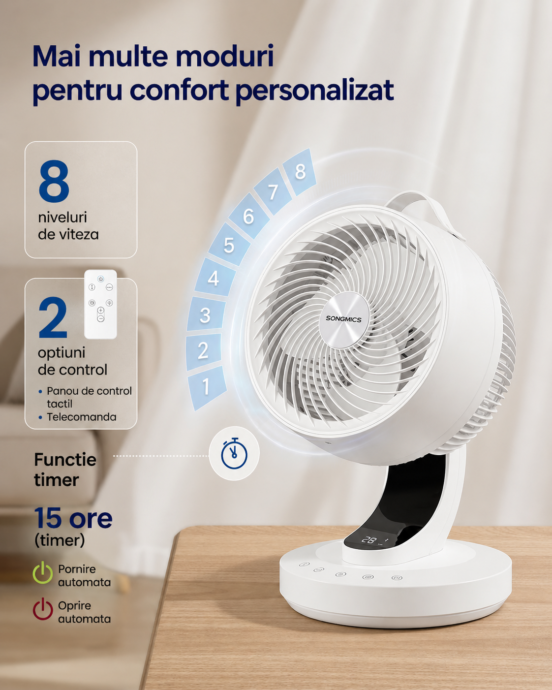 SONGMICS csendes asztali ventilator taviranyitoval, 70°-os oszcillacioval, 8 sebessegfokozattal es LED kijelzovel, 25x26x38 cm, fehervvv - Image 6