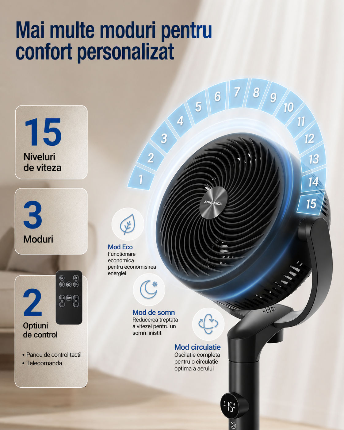 SONGMICS Álló ventilátor, állítható magassággal, csendes 20 dB, 24 W, 15 sebességfokozat, távirányító, 120°-os oszcilláció, fekete - Image 3