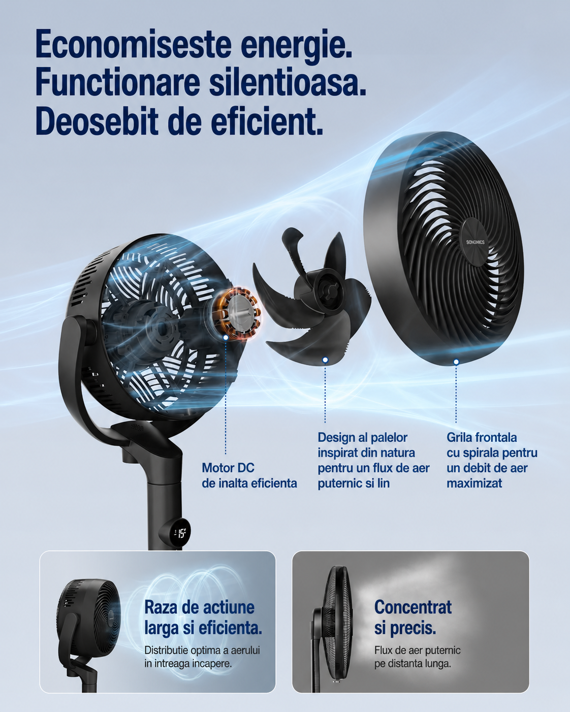 SONGMICS Álló ventilátor, állítható magassággal, csendes 20 dB, 24 W, 15 sebességfokozat, távirányító, 120°-os oszcilláció, fekete - Image 4
