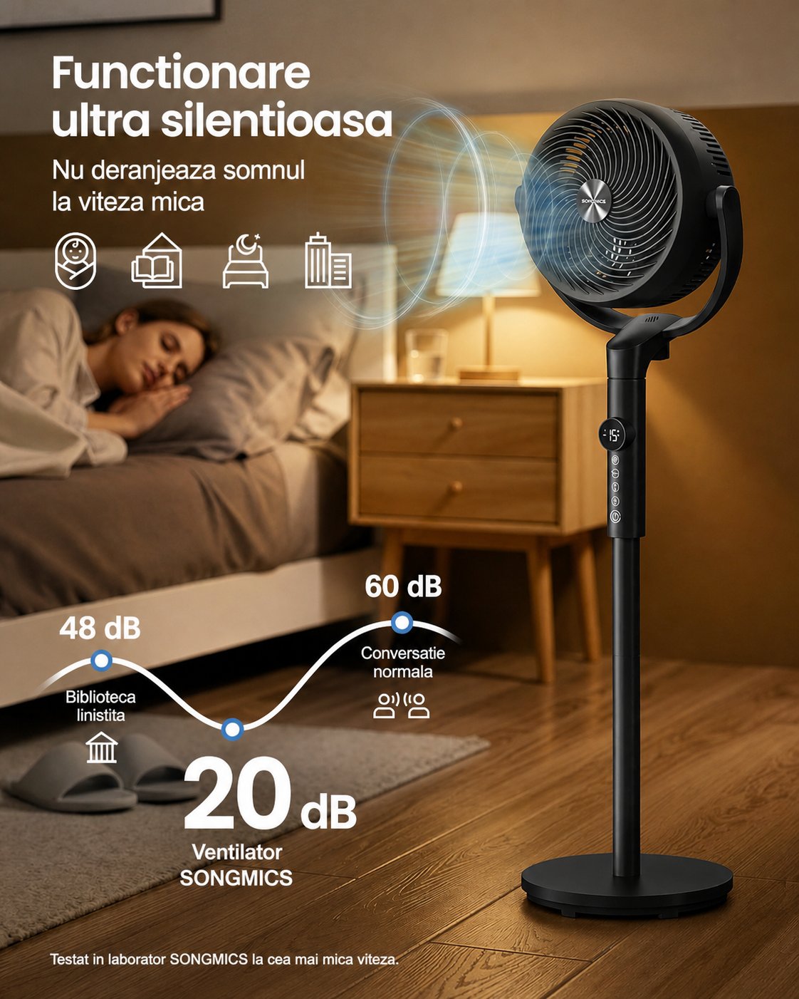 SONGMICS Álló ventilátor, állítható magassággal, csendes 20 dB, 24 W, 15 sebességfokozat, távirányító, 120°-os oszcilláció, fekete - Image 5