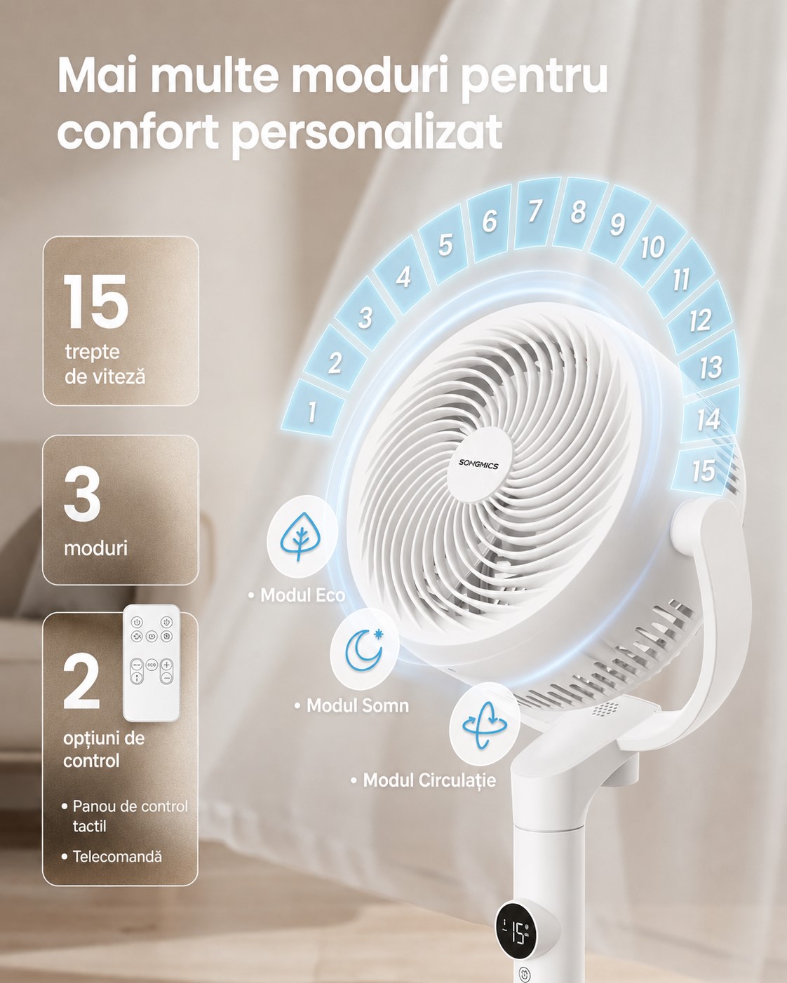 SONGMICS Állítható magasságú állóventilátor, csendes 20 dB, 24 W, 15 sebességfokozat, távirányító, 120°-os oszcilláció, fehér - Image 2