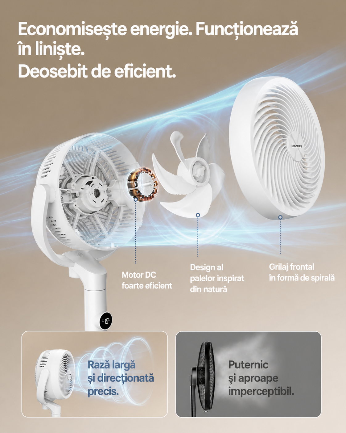 SONGMICS Állítható magasságú állóventilátor, csendes 20 dB, 24 W, 15 sebességfokozat, távirányító, 120°-os oszcilláció, fehér - Image 5