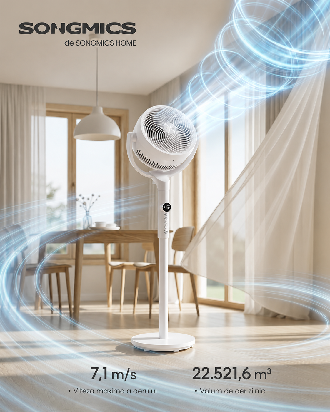 SONGMICS Állítható magasságú állóventilátor, csendes 20 dB, 24 W, 15 sebességfokozat, távirányító, 120°-os oszcilláció, fehér - Image 6