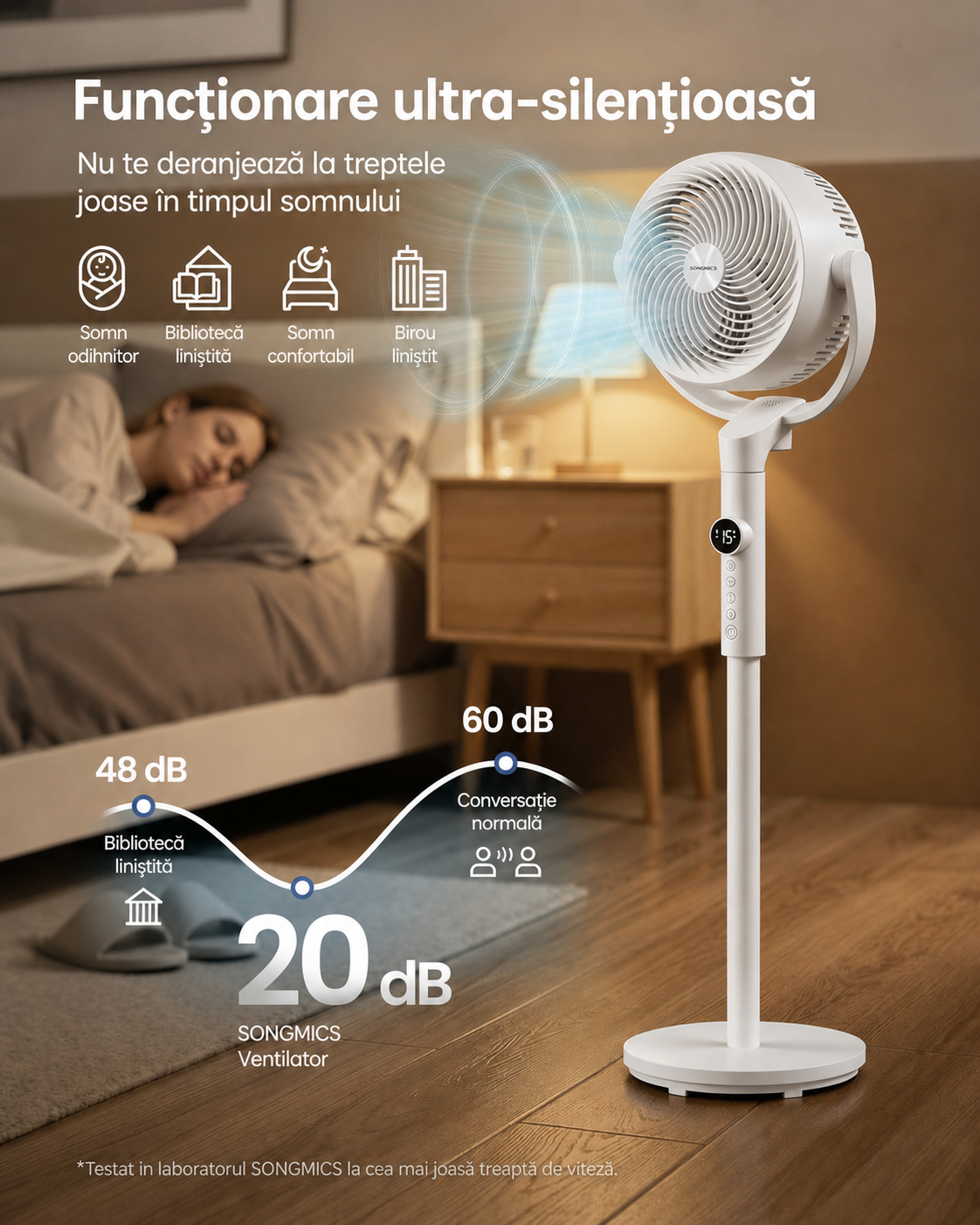 SONGMICS Állítható magasságú állóventilátor, csendes 20 dB, 24 W, 15 sebességfokozat, távirányító, 120°-os oszcilláció, fehér - Image 7