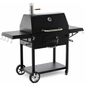 Gratar carbuni cu capac si termometru, grill fonta, rafturi laterale, roti pentru deplasare, 153x65x137 cm, negru