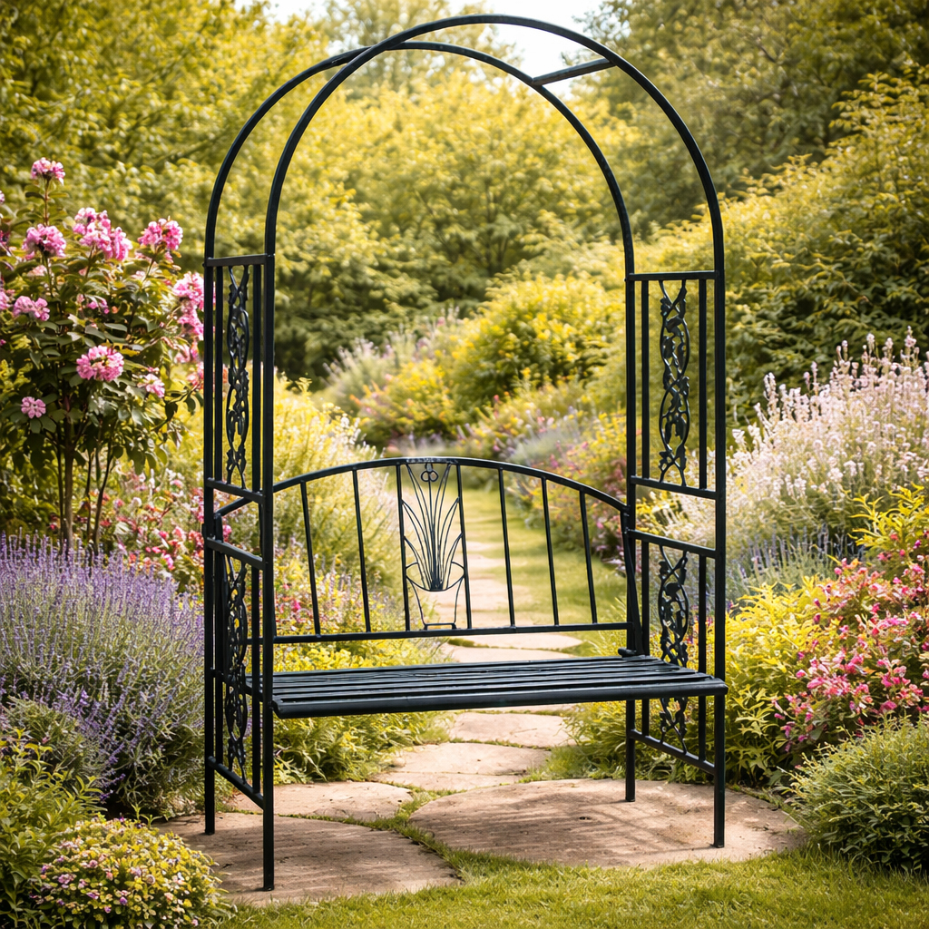 Pergola pentru gradina cu banca, structura metalica solida, 122x58x203 cm, negru
