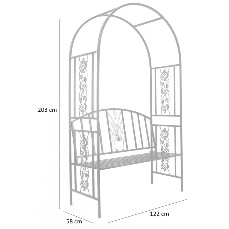 Pergola pentru gradina cu banca, structura metalica solida, 122x58x203 cm, negru - Image 2