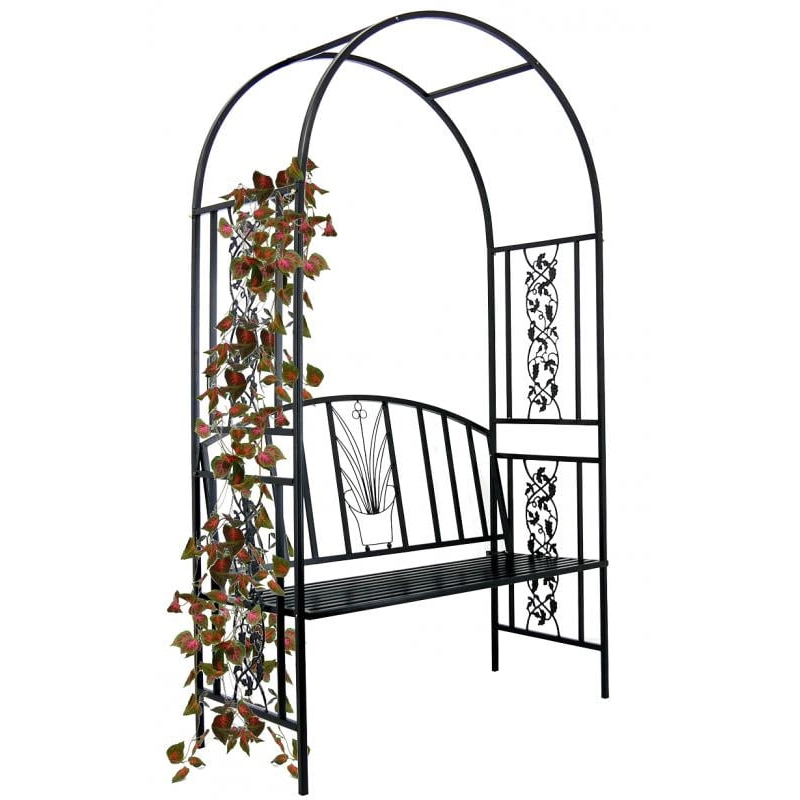 Pergola pentru gradina cu banca, structura metalica solida, 122x58x203 cm, negru - Image 3