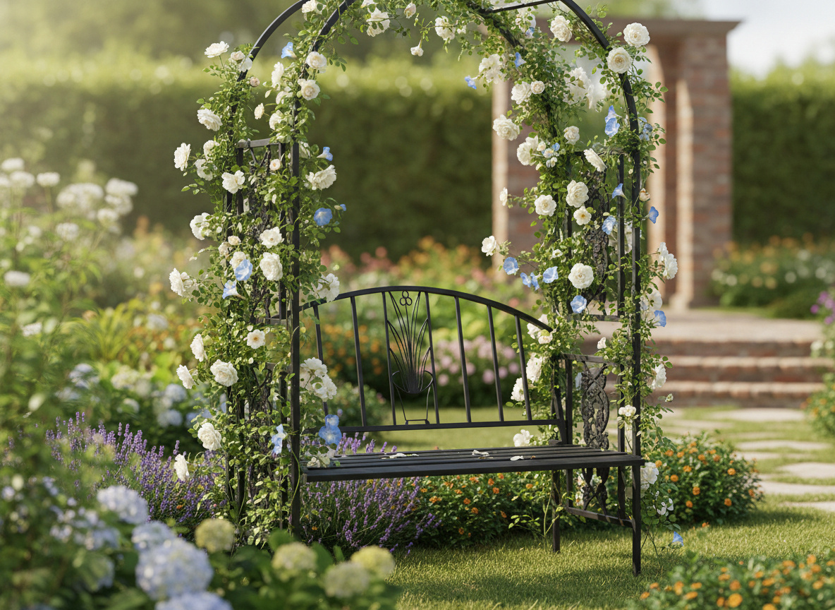 Pergola pentru gradina cu banca, structura metalica solida, 122x58x203 cm, negru - Image 7