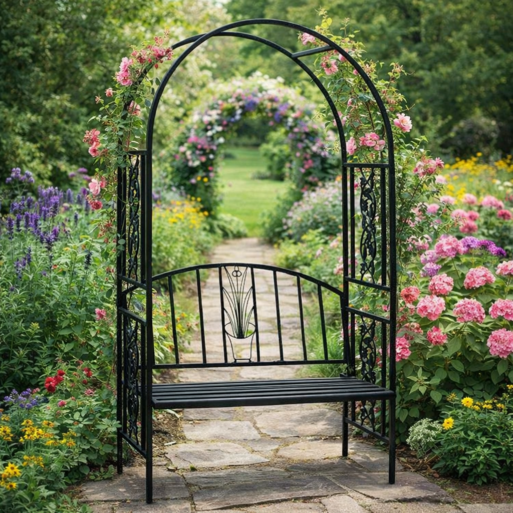 Pergola pentru gradina cu banca, structura metalica solida, 122x58x203 cm, negru - Image 9
