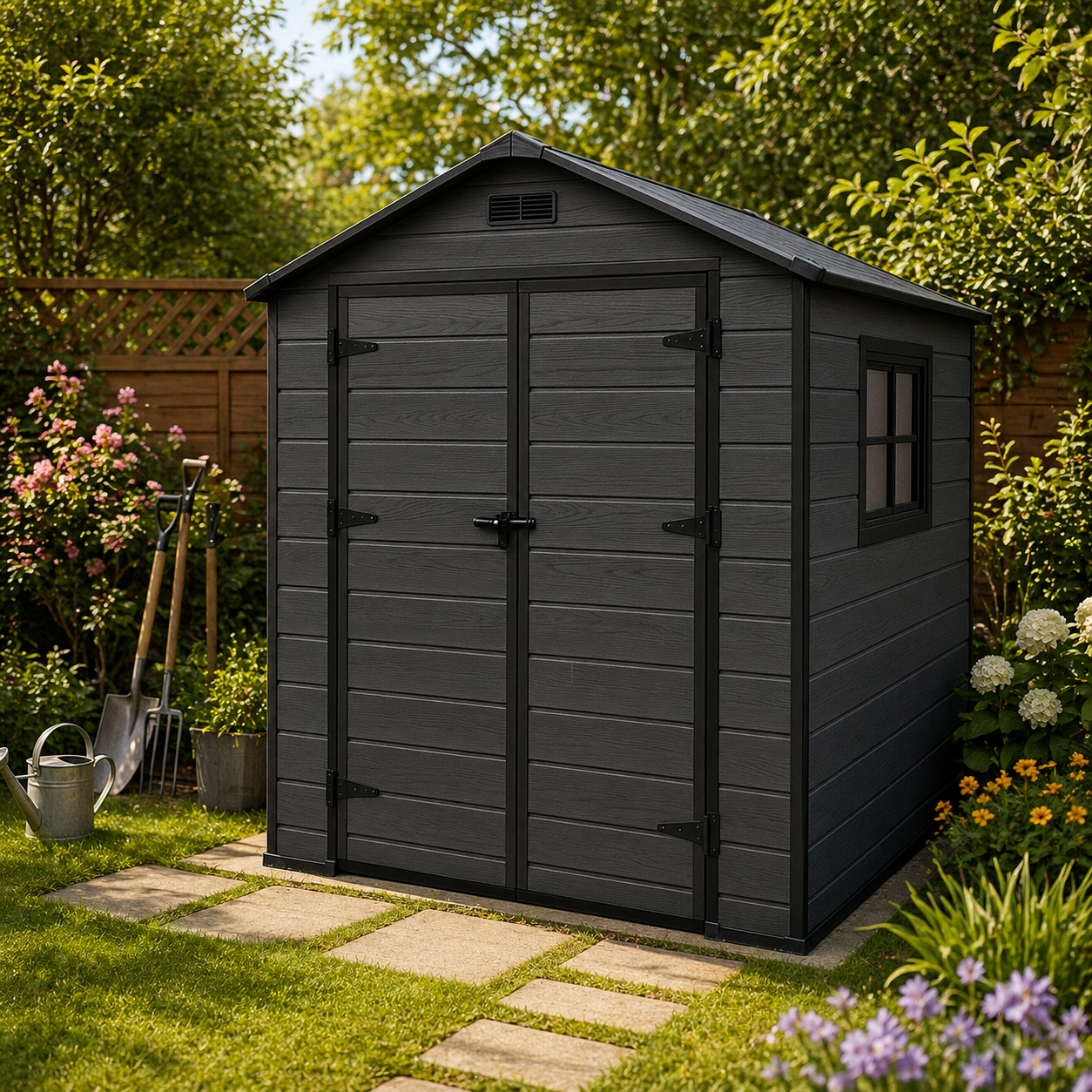 Magazie gradina pentru unelte, cu usa dubla si ventilatie, PVC imitatie lemn, 182x181x219 cm, negru - Image 2