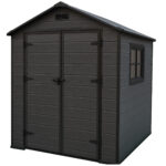 Magazie gradina pentru unelte, cu usa dubla si ventilatie, PVC imitatie lemn, 182x181x219 cm, negru